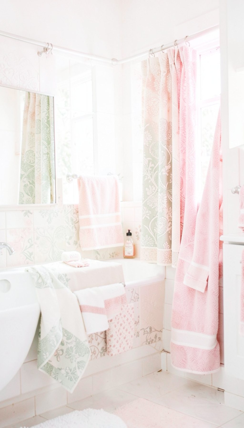 Bright, high-key photograph of a softly lit interior with patterned textiles in pale green, cream and blush pink tones, curtains falling in gentle folds
