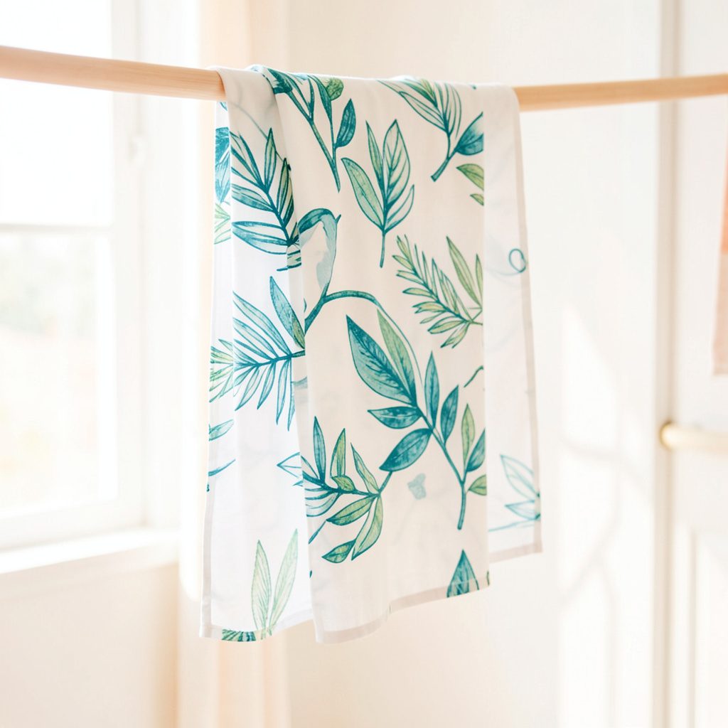 White textile with a teal and green leaf pattern hanging on a rod in a bright, airy room